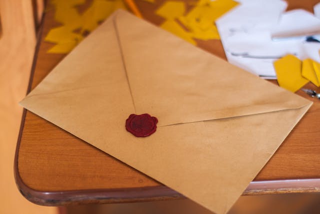 a-table-with-a-wax-sealed-envelope-on-top